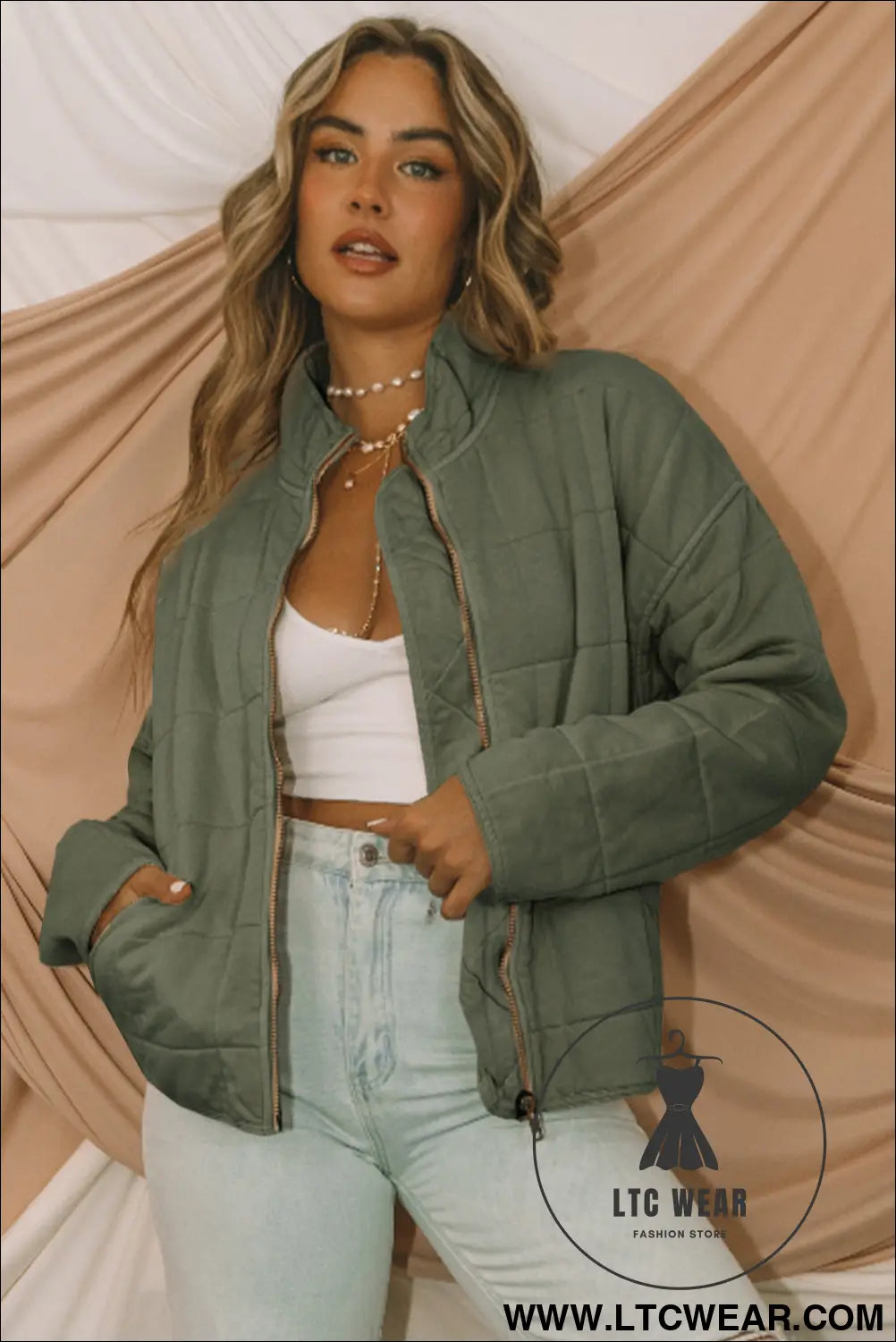 Green zip up pocket quilted cropped jacket - jackets