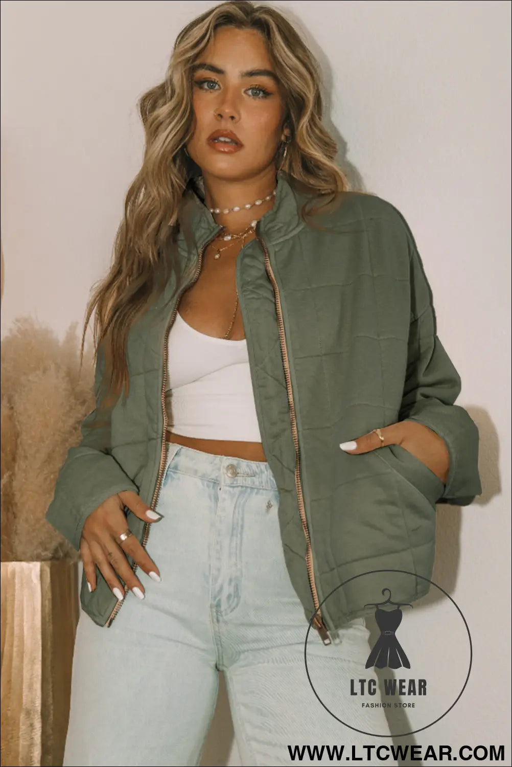 Green zip up pocket quilted cropped jacket - jackets