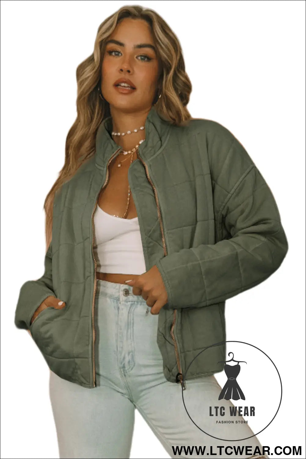 Green zip up pocket quilted cropped jacket - jackets