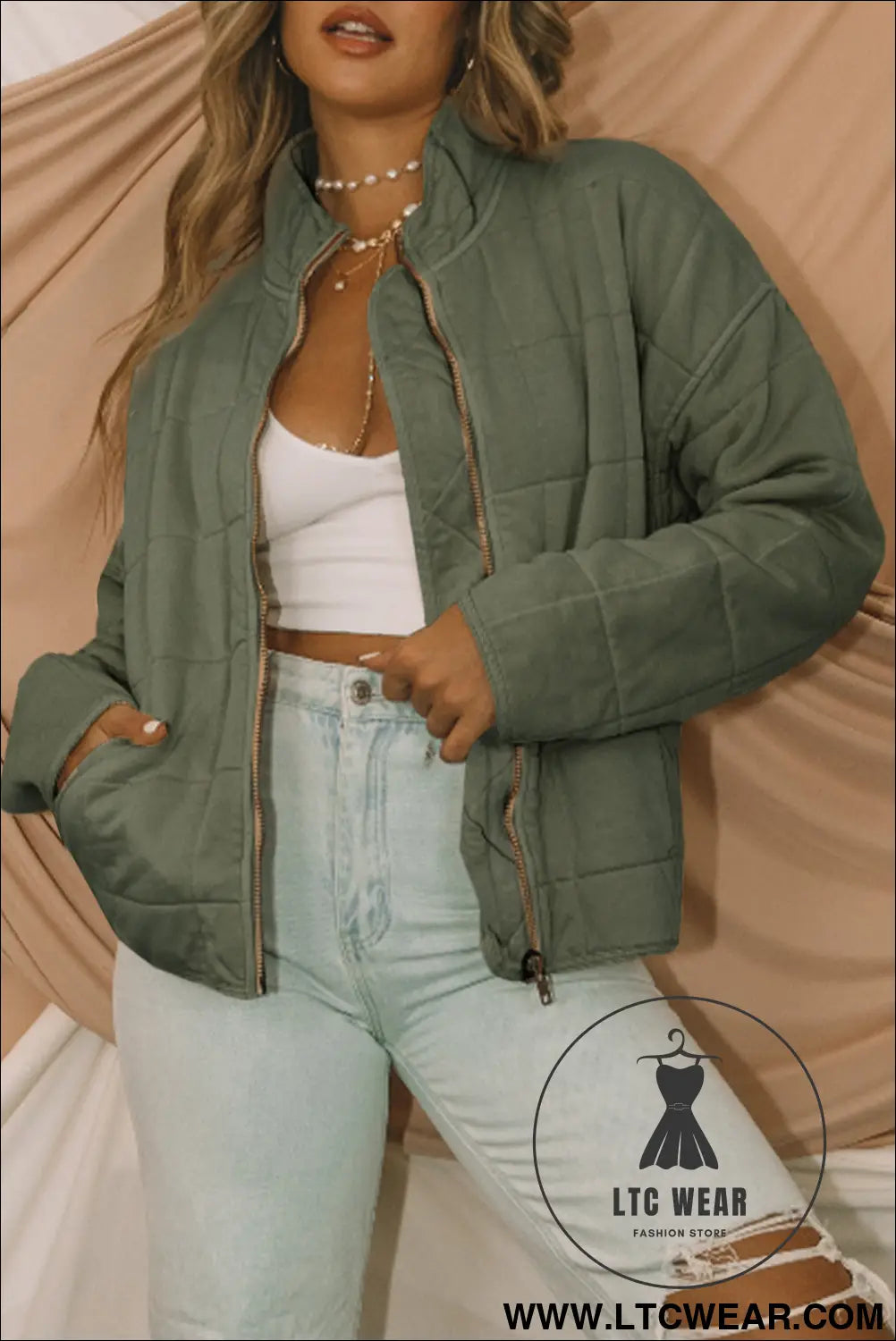 Green zip up pocket quilted cropped jacket - green / l / 100% polyester - jackets