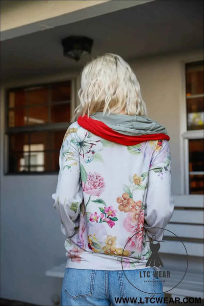 Grey Pink Flower Print Contrast Double Hood Sweater