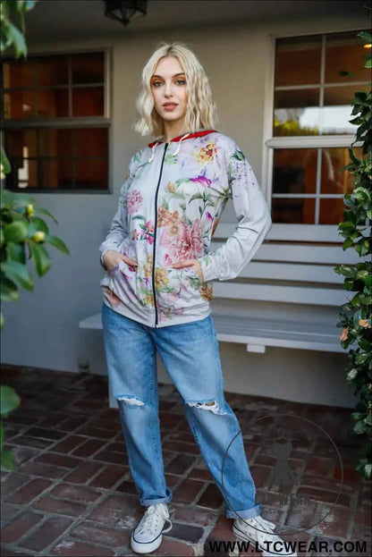 Grey Pink Flower Print Contrast Double Hood Sweater