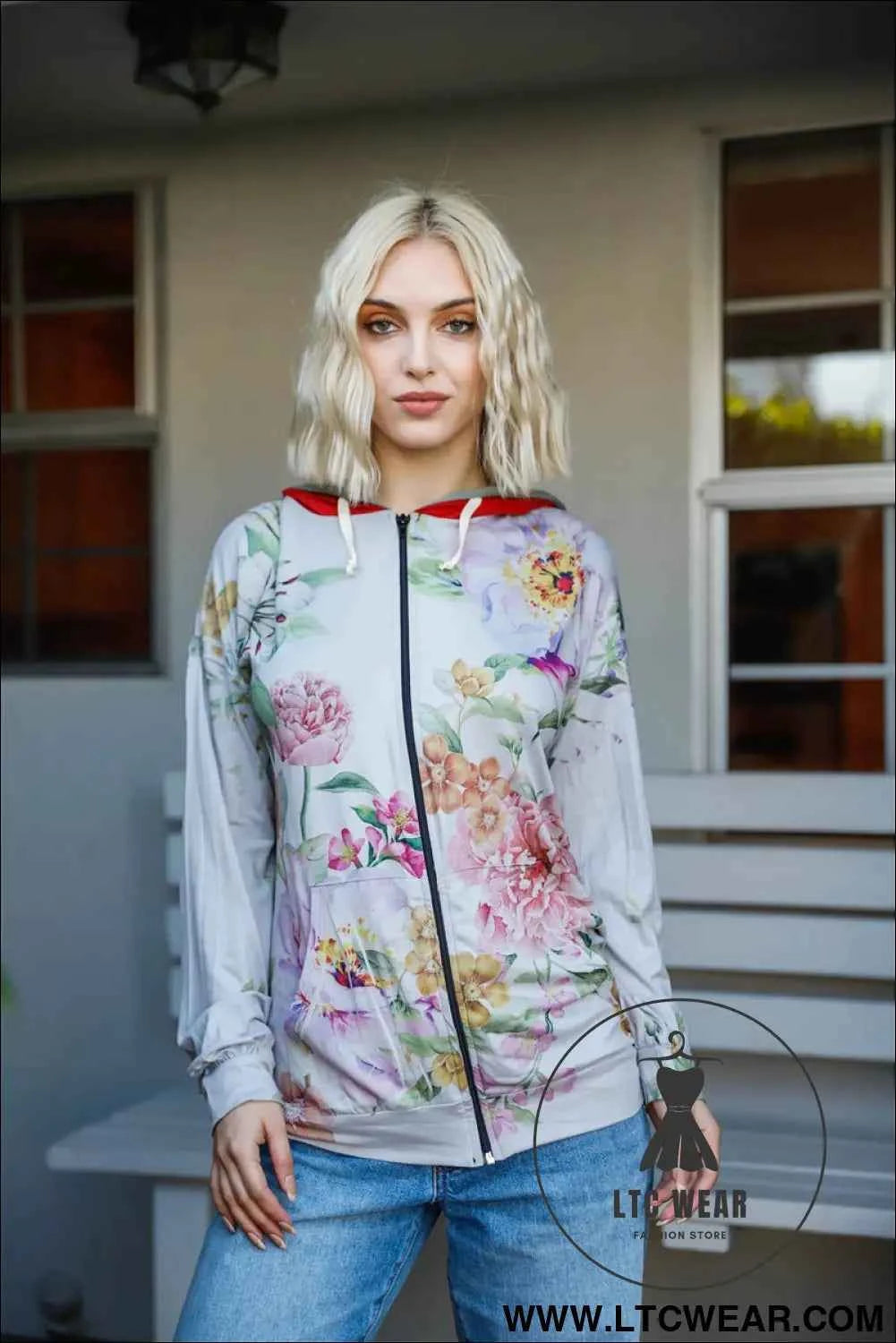 Grey Pink Flower Print Contrast Double Hood Sweater