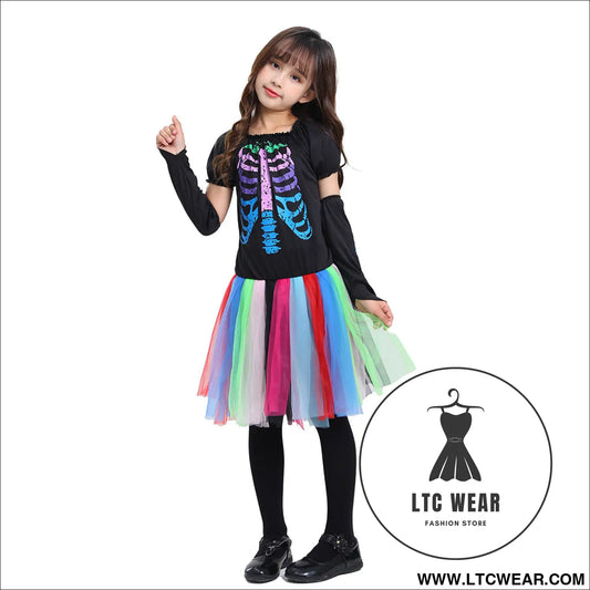 Halloween children’s costume decoration - punk neon skeleton dress / s