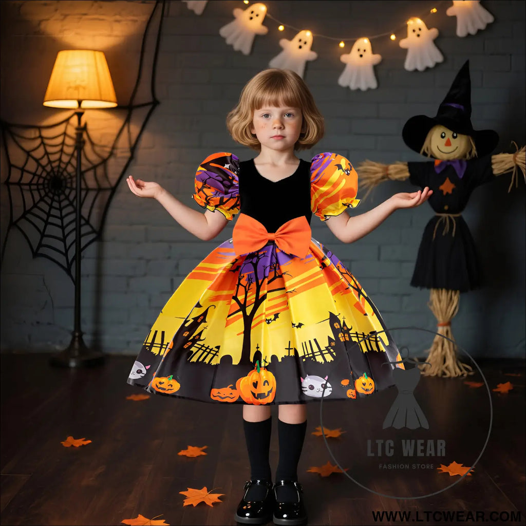 Halloween costume cosplay princess dress for girls printed satin tulle ball gown kids dress - aws039-black yellow
