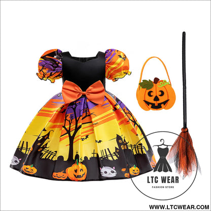 Halloween costume cosplay princess dress for girls printed satin tulle ball gown kids dress - aws039-black
