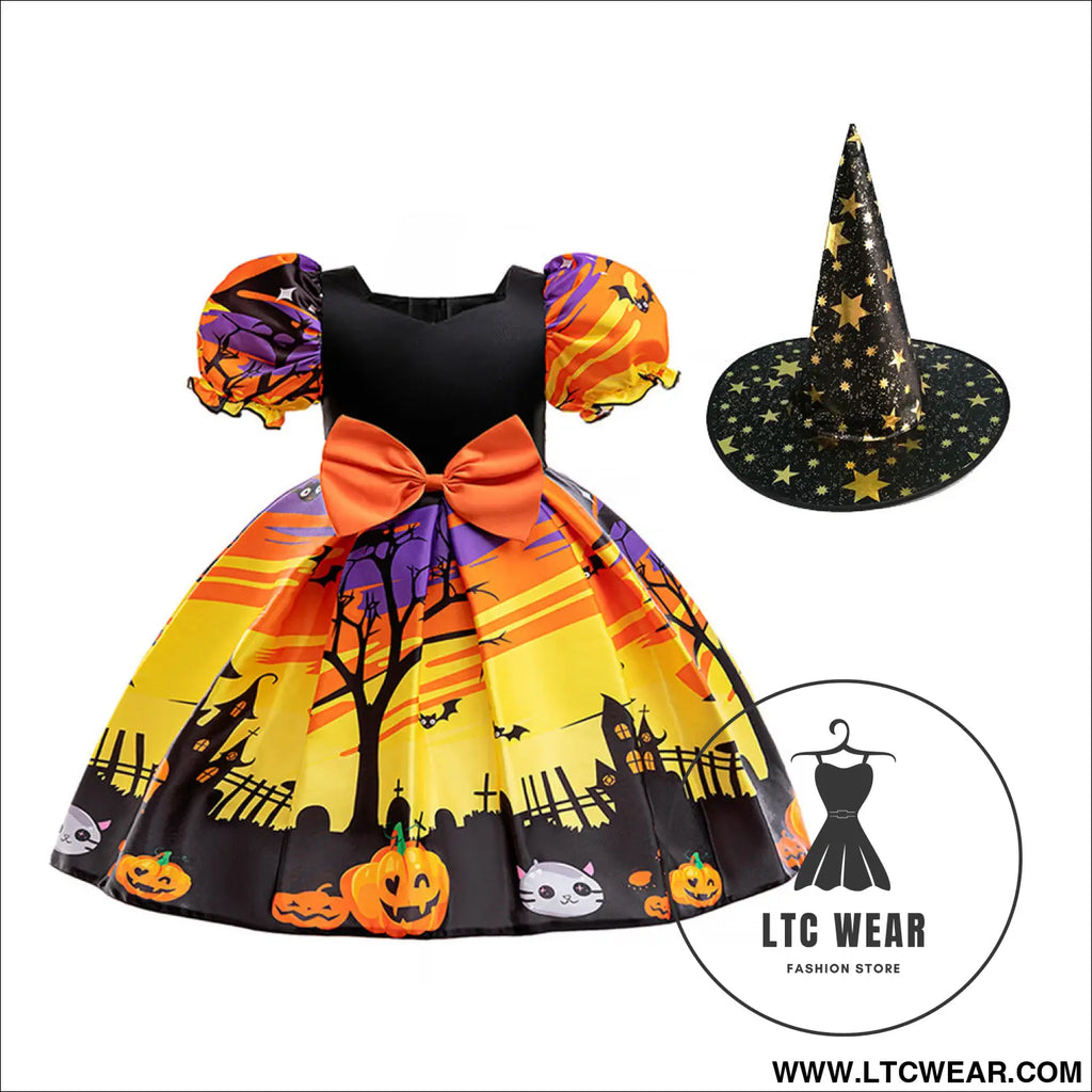 Halloween costume cosplay princess dress for girls printed satin tulle ball gown kids dress - aws039-black yellow-ps07