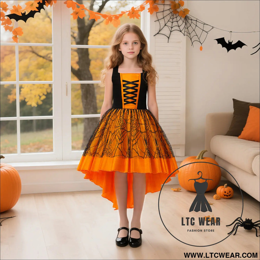 Halloween costume set for girls lace and satin trail dress three-piece formal outfit for kids