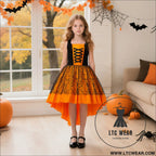 Halloween costume set for girls lace and satin trail dress three-piece formal outfit for kids