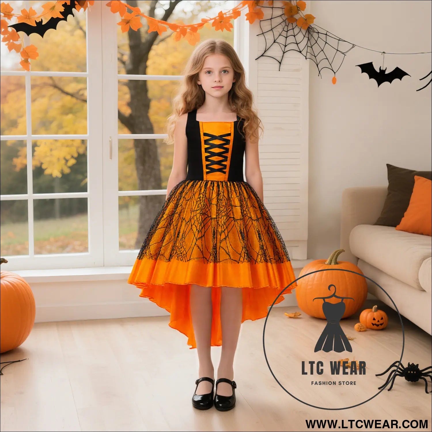 Halloween costume set for girls lace and satin trail dress three-piece formal outfit for kids