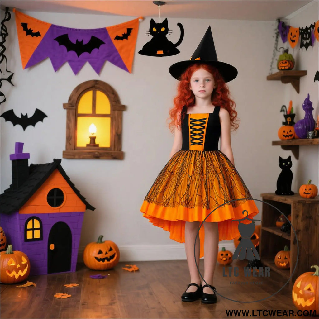 Halloween costume set for girls lace and satin trail dress three-piece formal outfit for kids