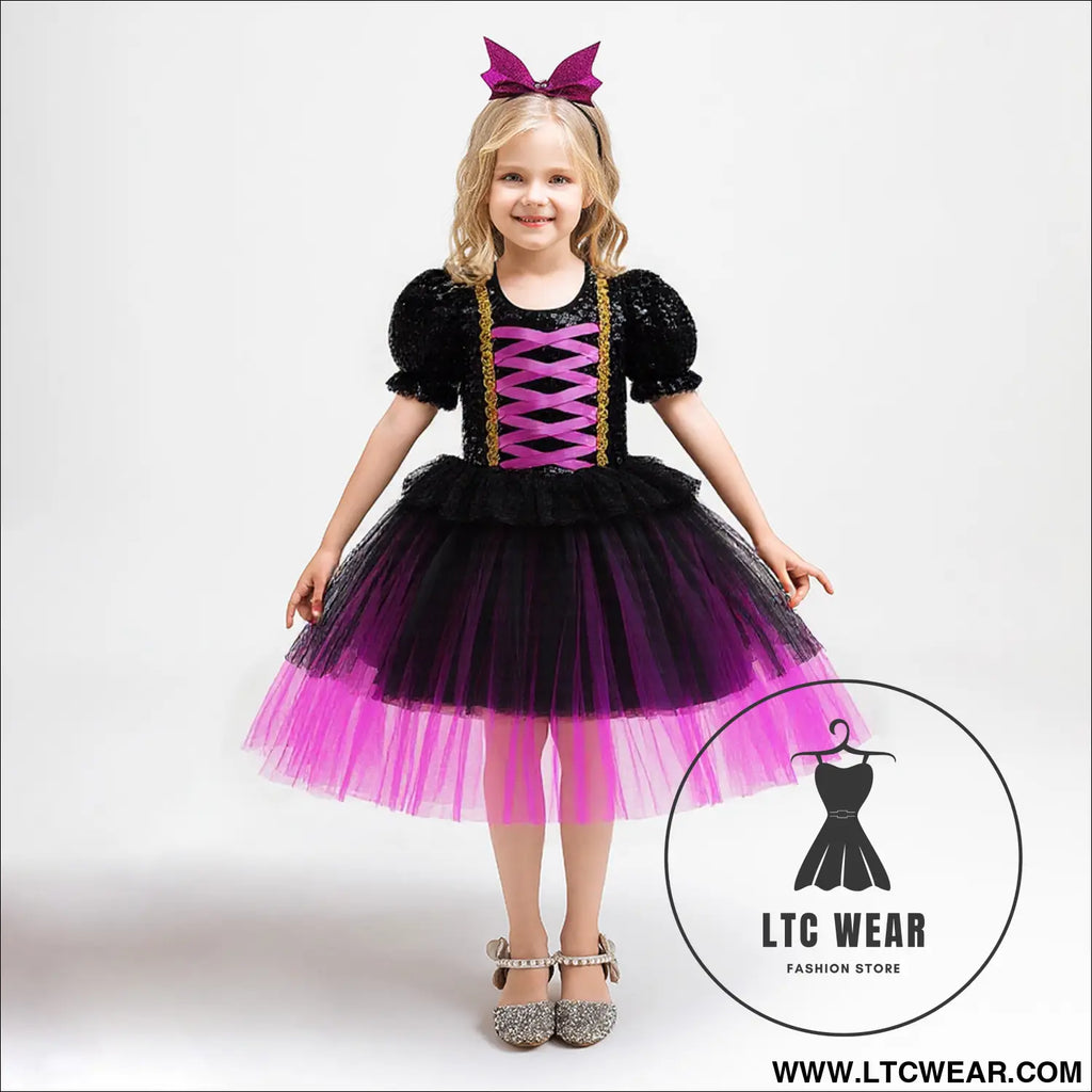 Halloween dress for girls sequin tulle princess dress role play costume dress, - ws082-black purple / 110cm/4y