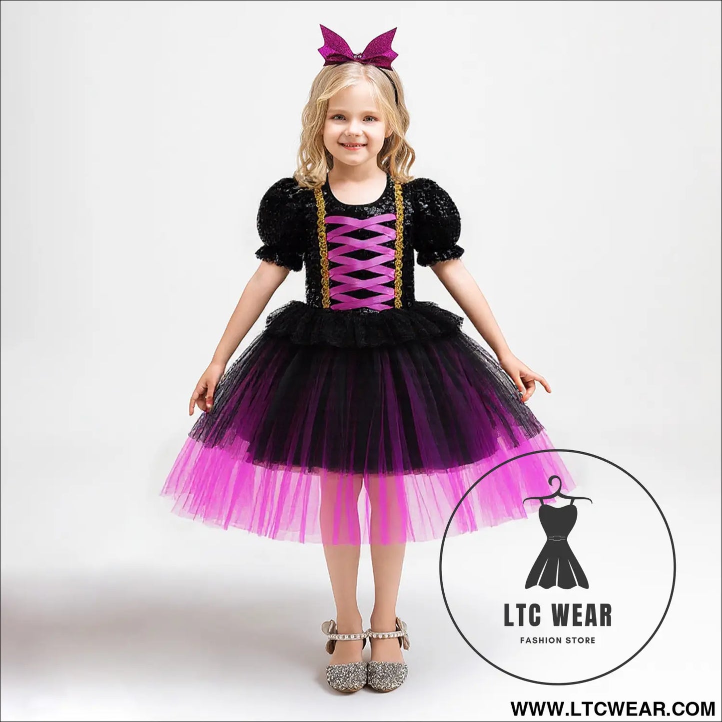 Halloween dress for girls sequin tulle princess dress role play costume dress, - ws082-black purple / 110cm/4y