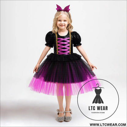 Halloween dress for girls sequin tulle princess dress role play costume dress, - ws082-black purple / 110cm/4y