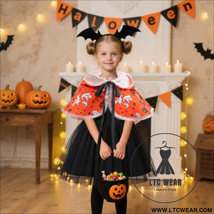 Halloween dress girls princess dress tulle puffy dress with shawl set
