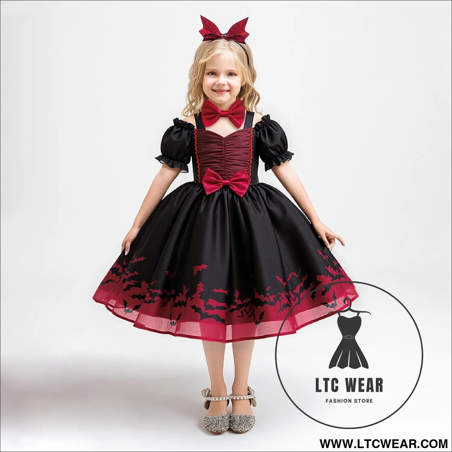 Halloween new girls’ princess dress printed organza dress children’s festival - aws081-black red / 110cm/4y