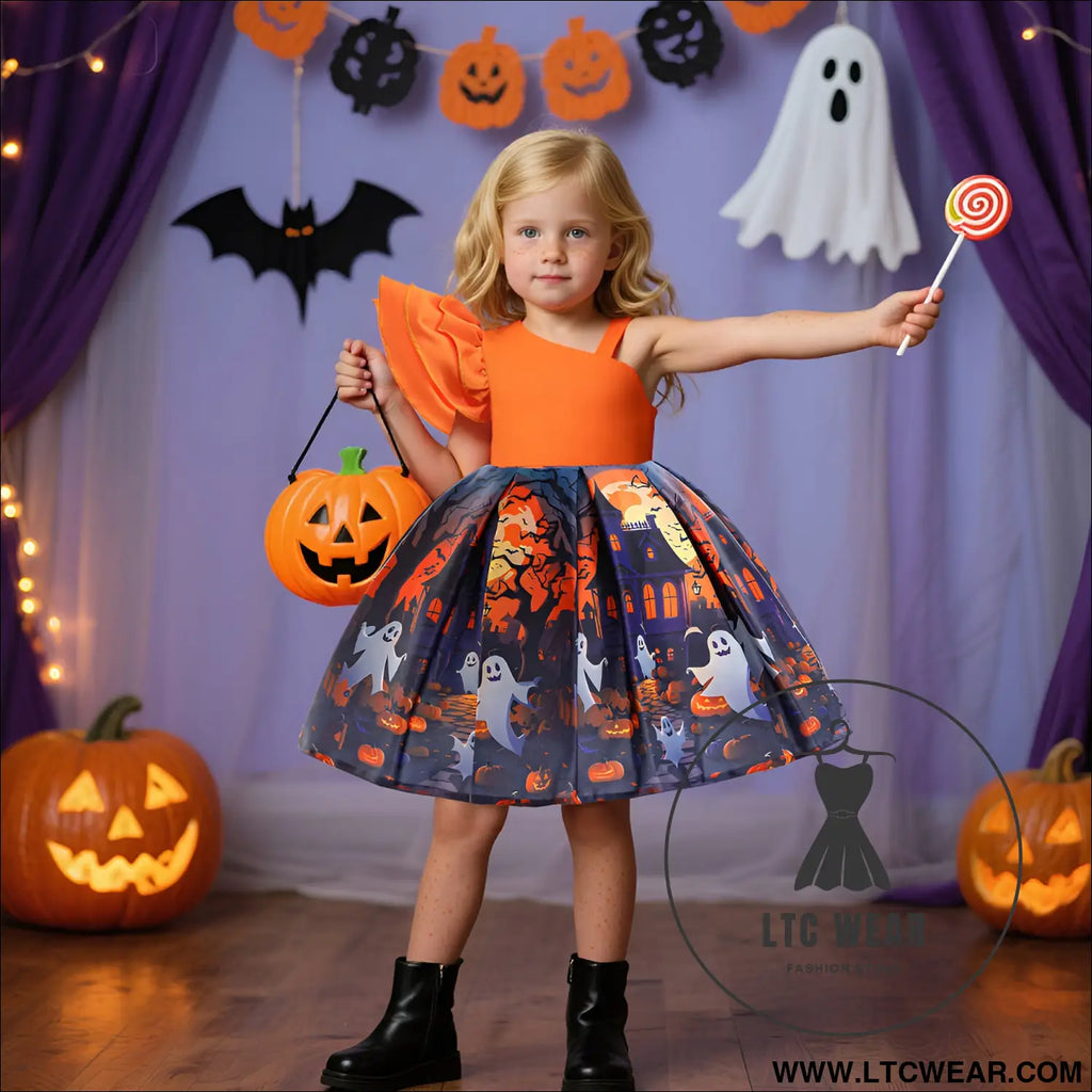 Halloween princess dress cosplay costume printed satin children’s formal dress