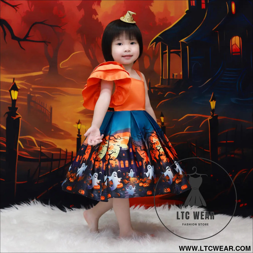 Halloween princess dress cosplay costume printed satin children’s formal dress - aws050-orange / 70cm/6-9m