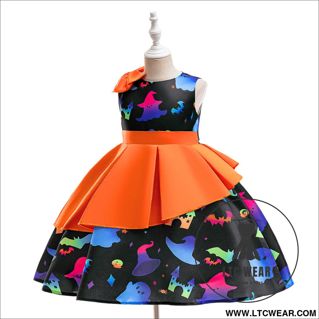 Halloween princess dress for girls sleeveless satin formal gown with bowknot tulle skirt - ws058-black orange / 110cm/4y