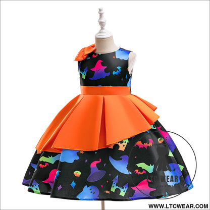 Halloween princess dress for girls sleeveless satin formal gown with bowknot tulle skirt - ws058-black orange / 110cm/4y