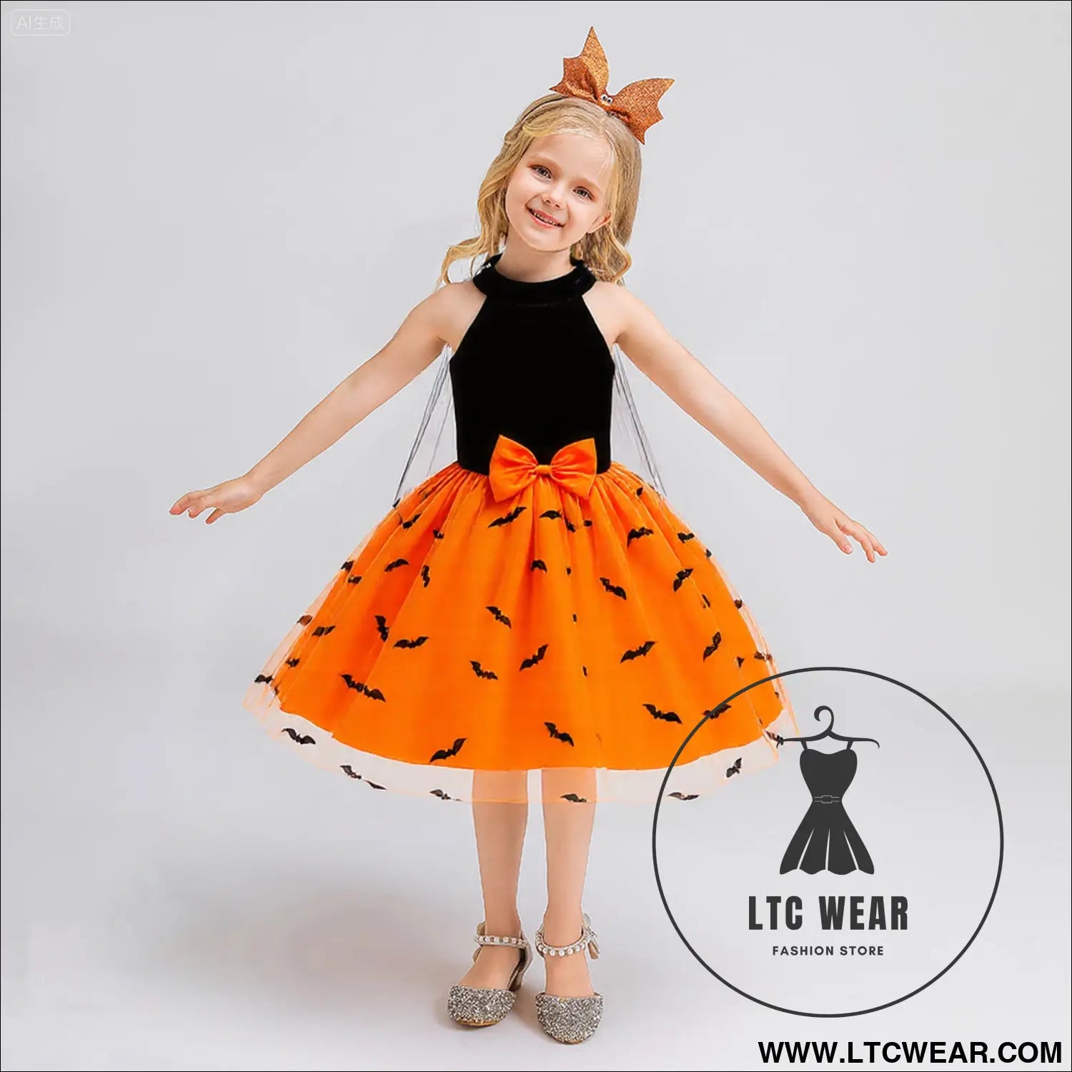 Halloween princess dress off-shoulder strapless children’s formal gown with detachable cape - aws089-black orange