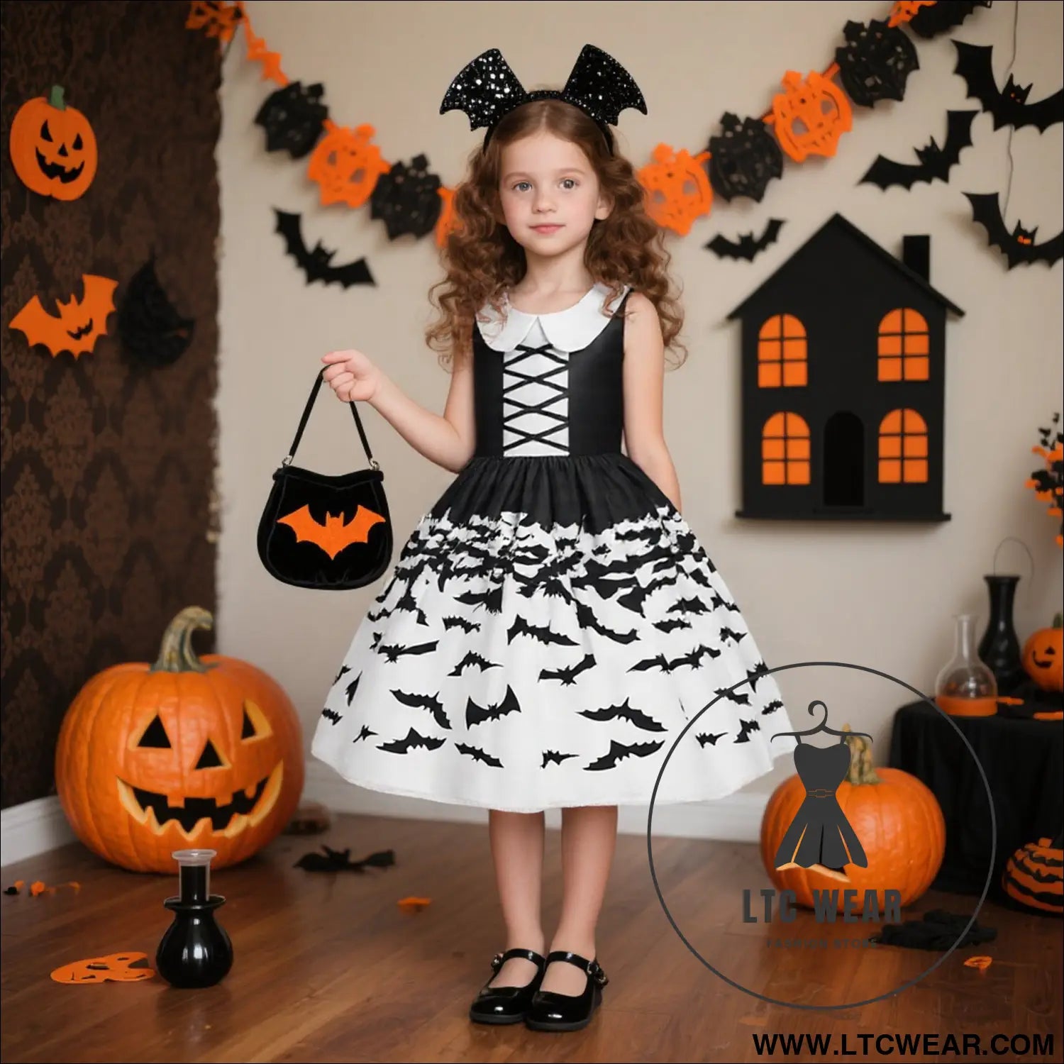 Halloween printed dress for girls with candy bag princess style children’s dress