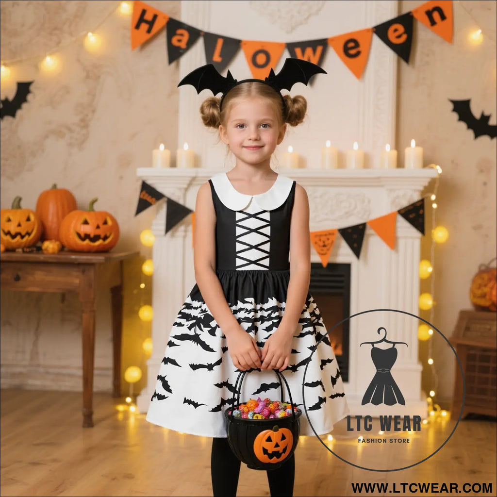 Halloween printed dress for girls with candy bag princess style children’s dress