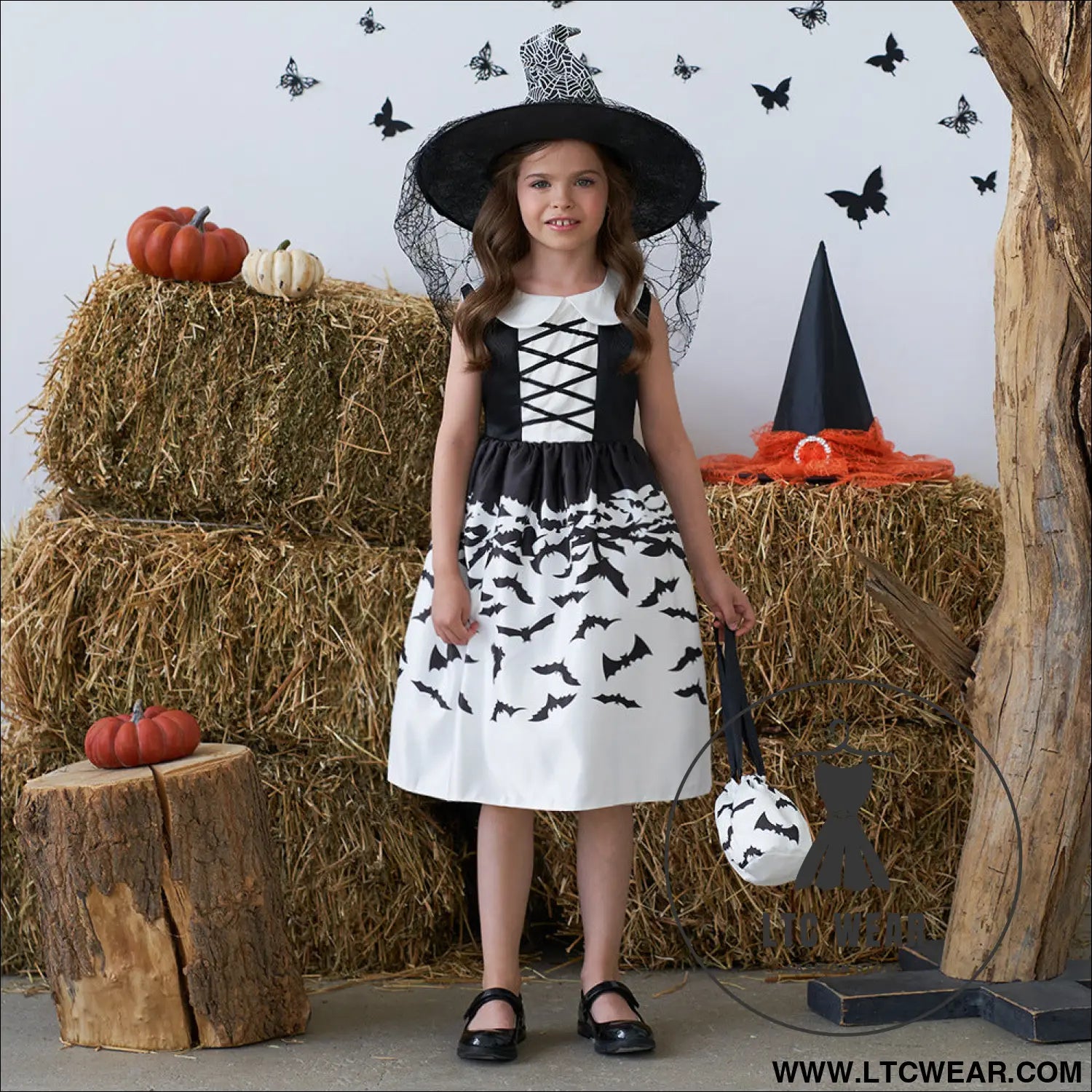 Halloween printed dress for girls with candy bag princess style children’s dress