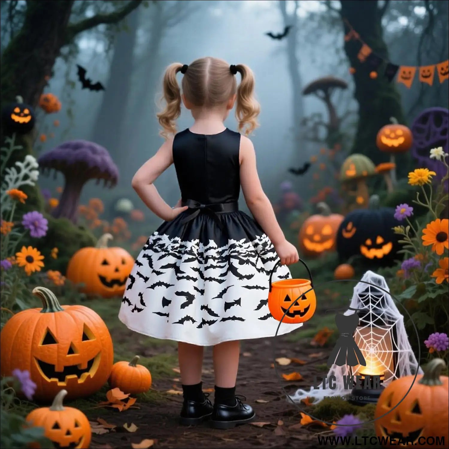 Halloween printed dress for girls with candy bag princess style children’s dress