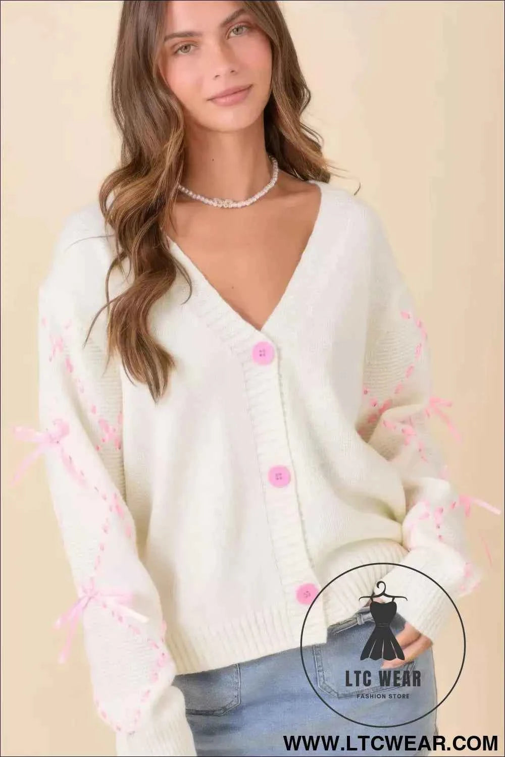 Hand Sewn Satin Ribbon Detail On Sleeve Cardigan