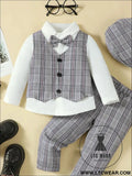 Hat long sleeve shirt plaid vest and pants 4-piece set
