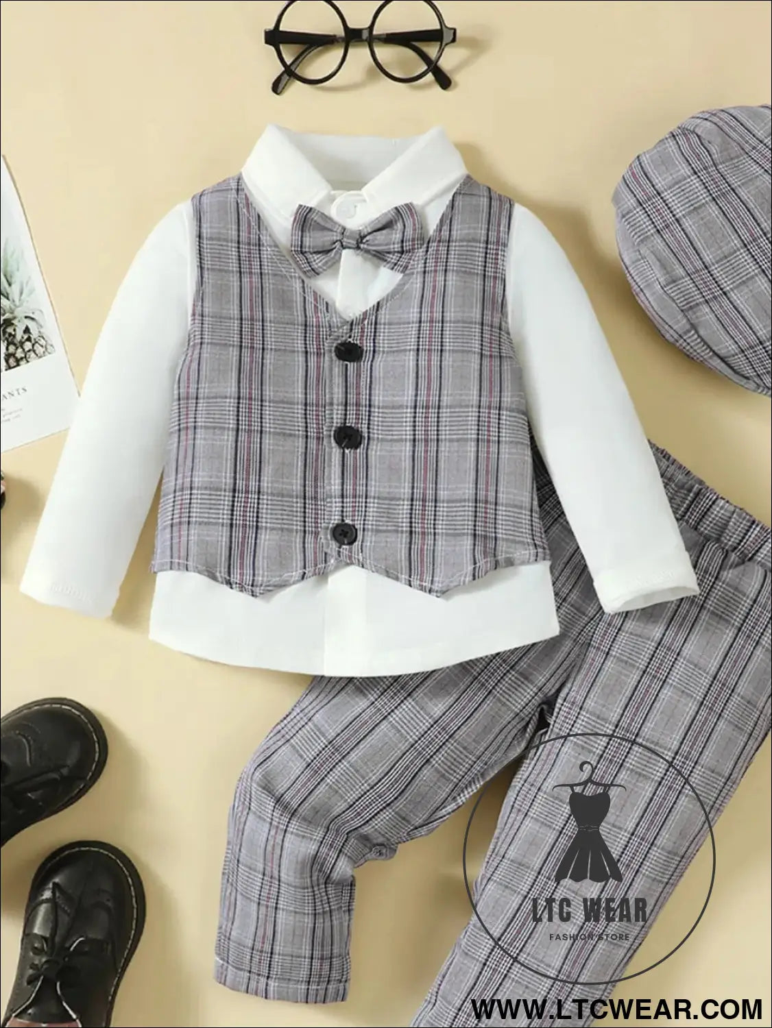 Hat long sleeve shirt plaid vest and pants 4-piece set