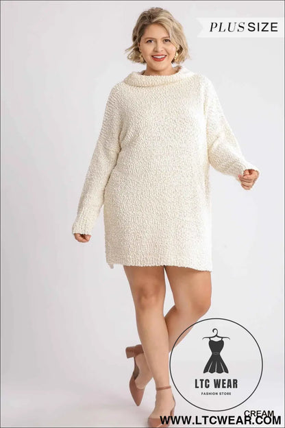 High Cowl Neck Bouclé Long Sleeve Sweater Dress