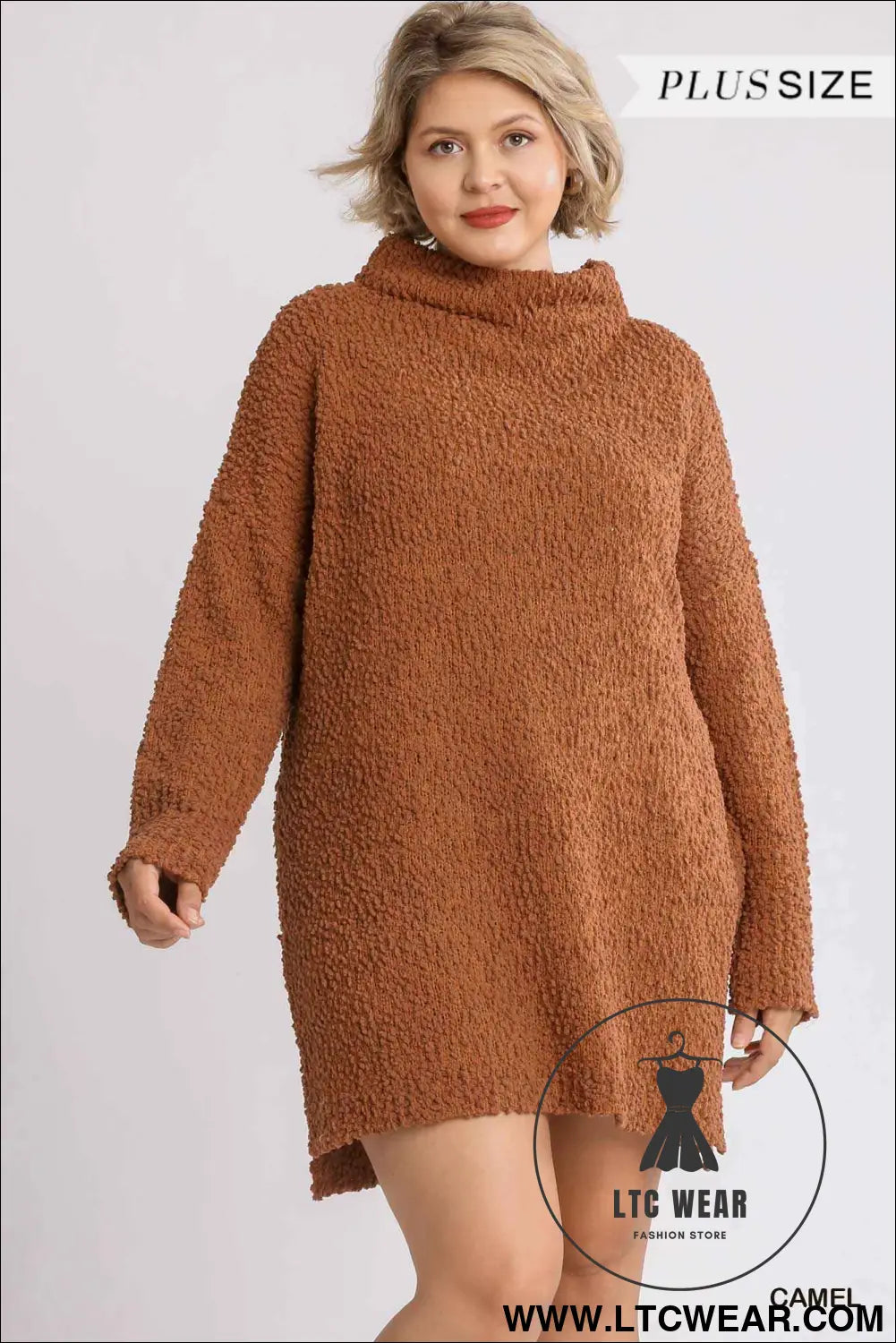 High Cowl Neck Bouclé Long Sleeve Sweater Dress