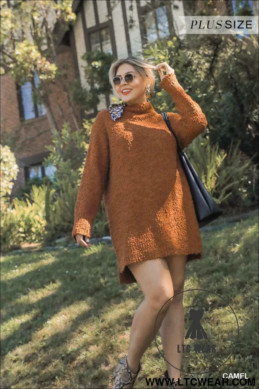 High Cowl Neck Bouclé Long Sleeve Sweater Dress