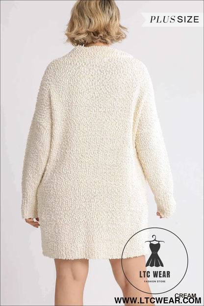 High Cowl Neck Bouclé Long Sleeve Sweater Dress
