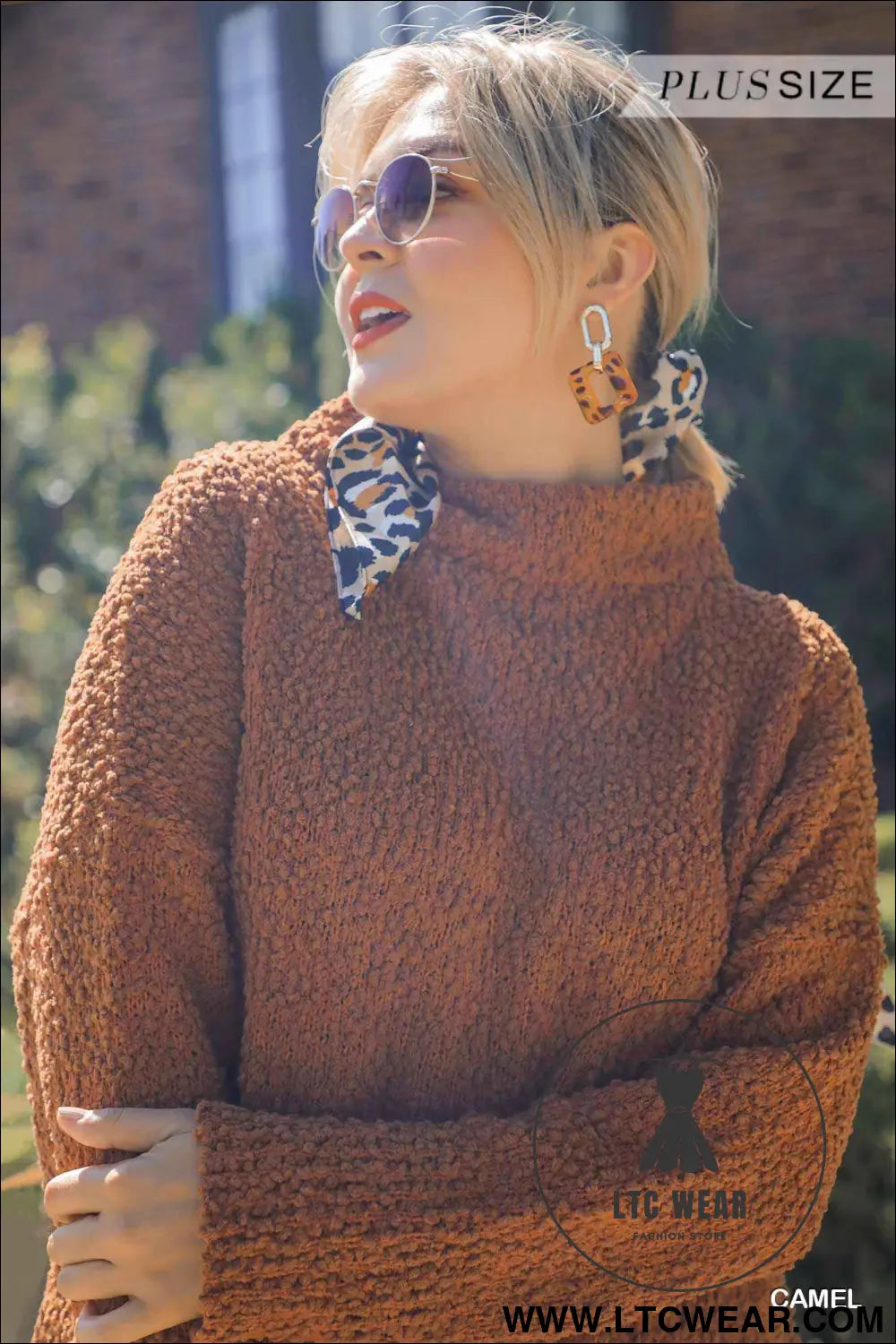 High Cowl Neck Bouclé Long Sleeve Sweater Dress