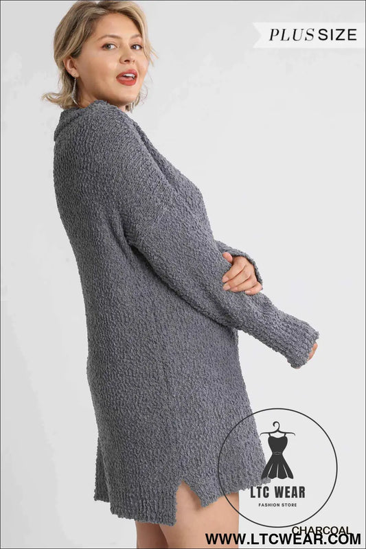 High Cowl Neck Bouclé Long Sleeve Sweater Dress