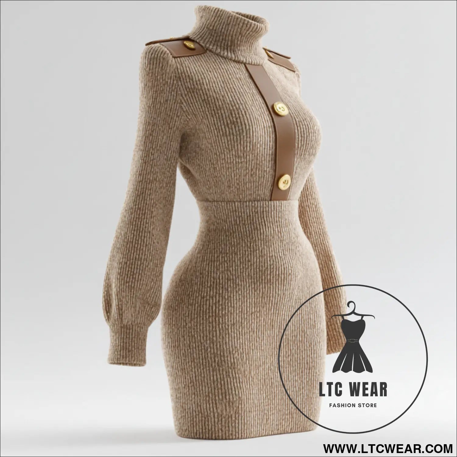 High neck knit dress for women autumn winter fitted bodycon sweater dress - light coffee / s