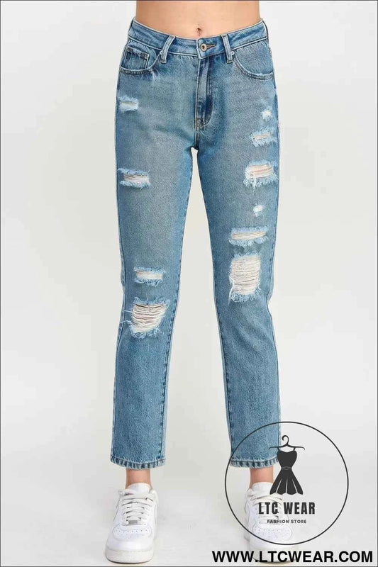 High Rise Distressed Relaxed Straight