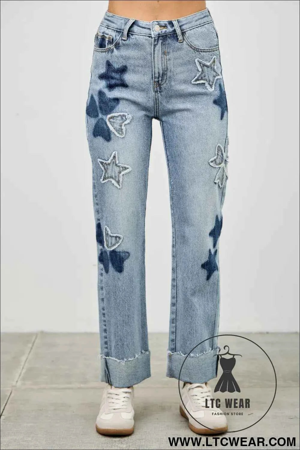 High Rise Star & Heart Patched Dad Jean W/stretch