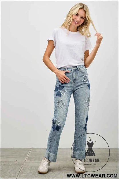 High Rise Star & Heart Patched Dad Jean W/stretch