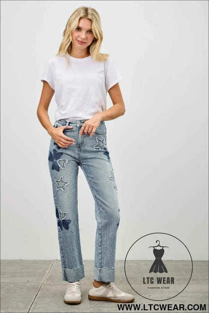 High Rise Star & Heart Patched Dad Jean W/stretch