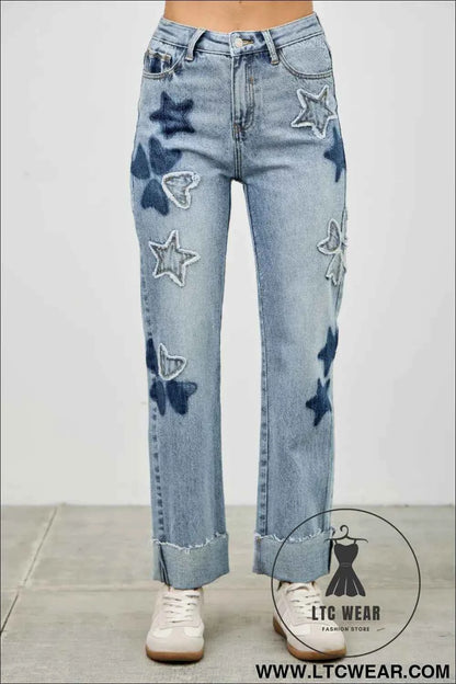 High Rise Star & Heart Patched Dad Jean W/stretch