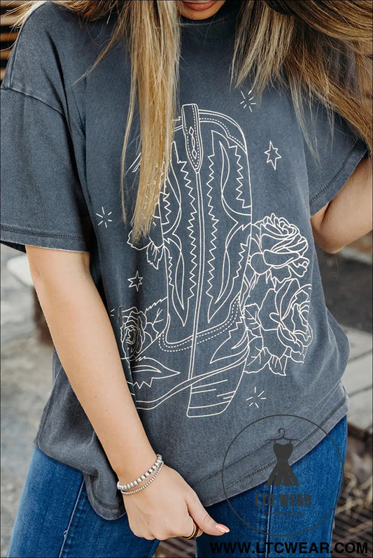 High-rise vintage cowboy boots floral graphic tee - high-rise / l / 100% cotton - 15%