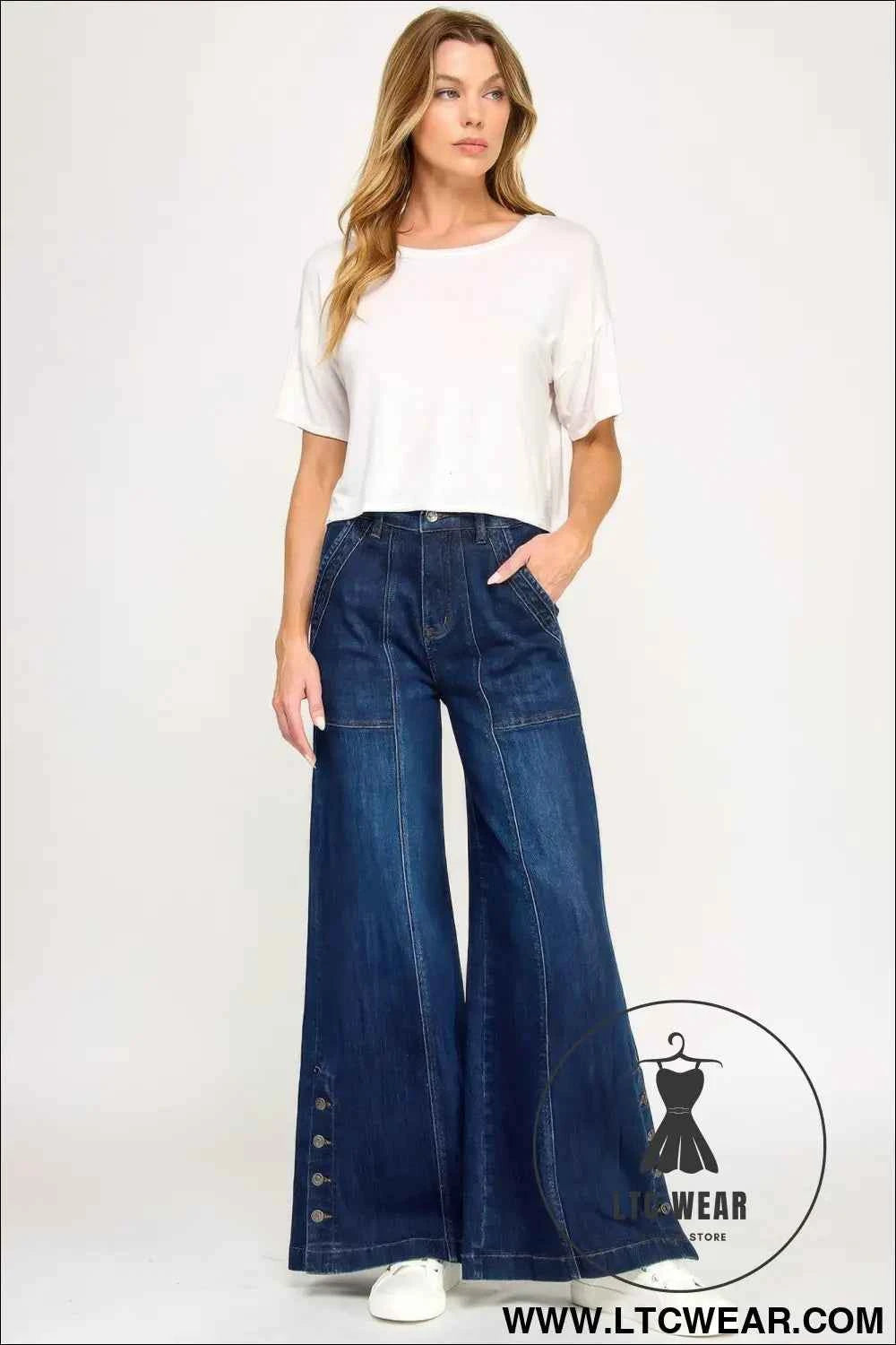 High Rise Wide Leg With Button Slit