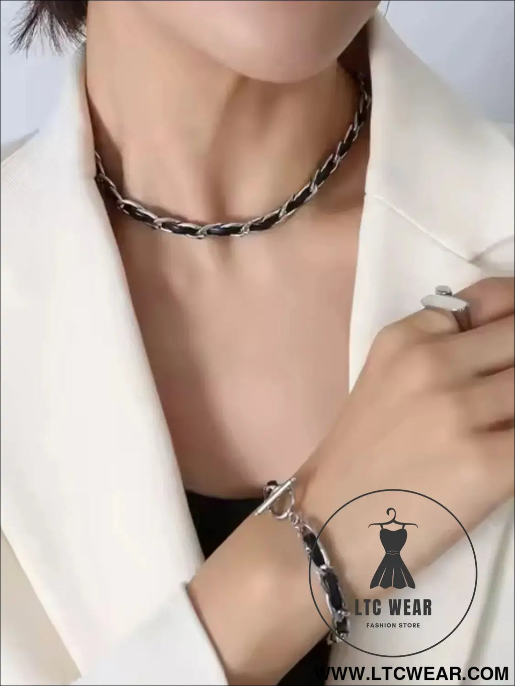 Hip hop design neck chain titanium steel plated 18k real gold leather rope necklace - silver / one size