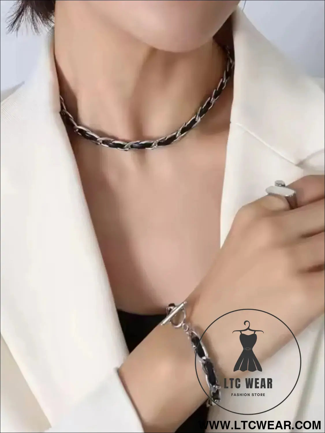 Hip hop design neck chain titanium steel plated 18k real gold leather rope necklace - silver / one size