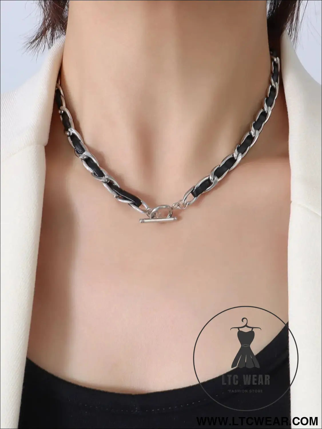 Hip hop design neck chain titanium steel plated 18k real gold leather rope necklace - silver / one size
