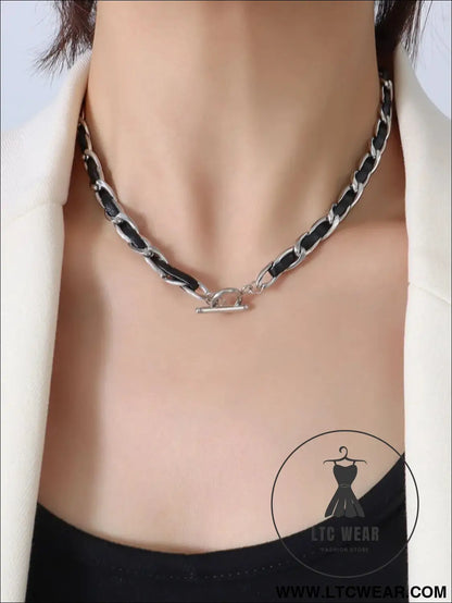 Hip hop design neck chain titanium steel plated 18k real gold leather rope necklace - silver / one size